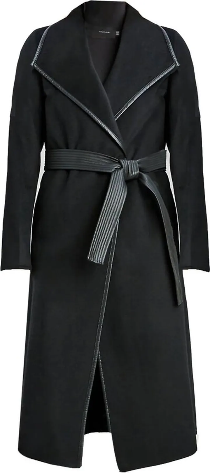 Juliette Double Face Faux Leather Trim Belted Wool Coat Black in Black