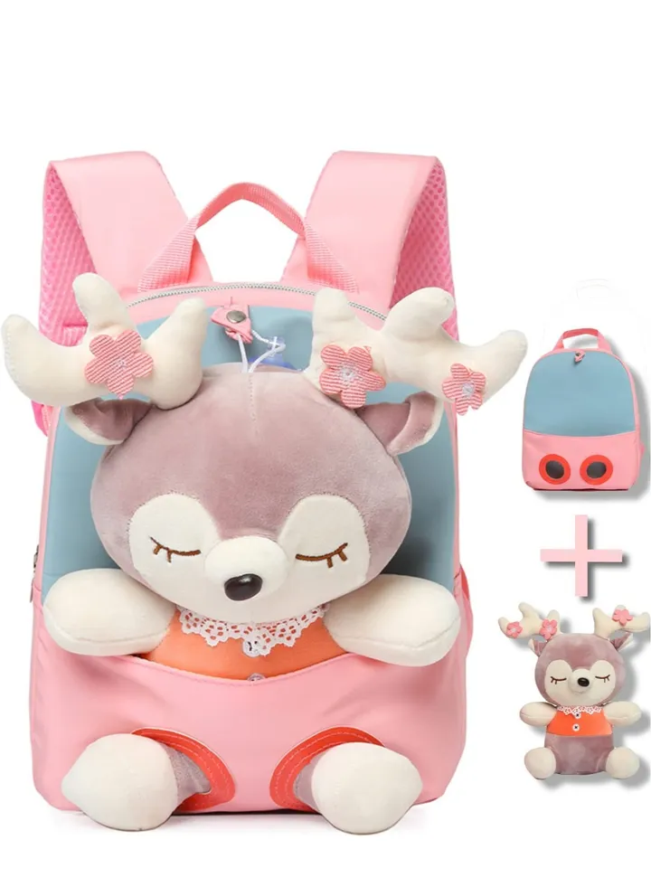 Little Doll Stuffed Animal kids Plush Backpack, Lovely Toddler Backpack, Cartoon Preschool Purse for Kids, Suitable for 2-6 Years Girl Boy (Pink)