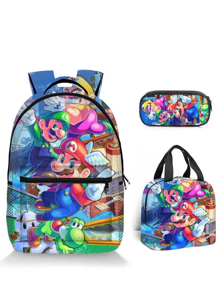 【School Season】Super Mario Kids Cartoon Backpack Student Schoolbag Lunch Bag Pencil Bag Back-to-school Must-have Three-piece set Suitable for Leisure Bag Travel Bag Picnic Bag