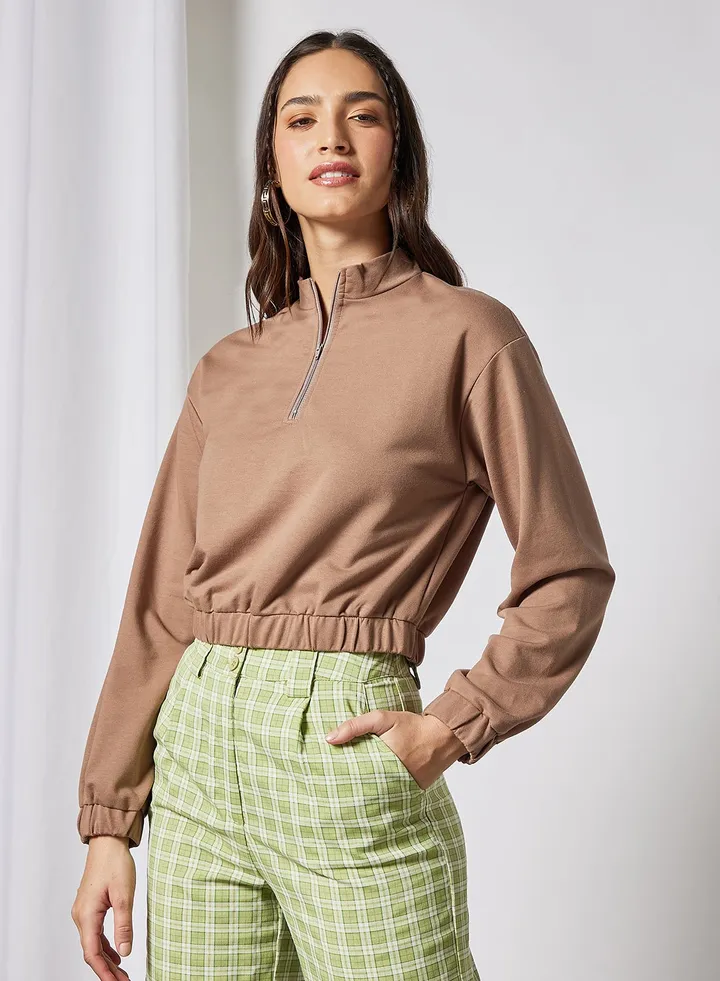 Women's Casual Zipper Design Long Sleeve Jacket Brown
