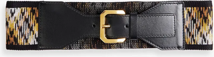 Leather-trimmed crochet-knit belt