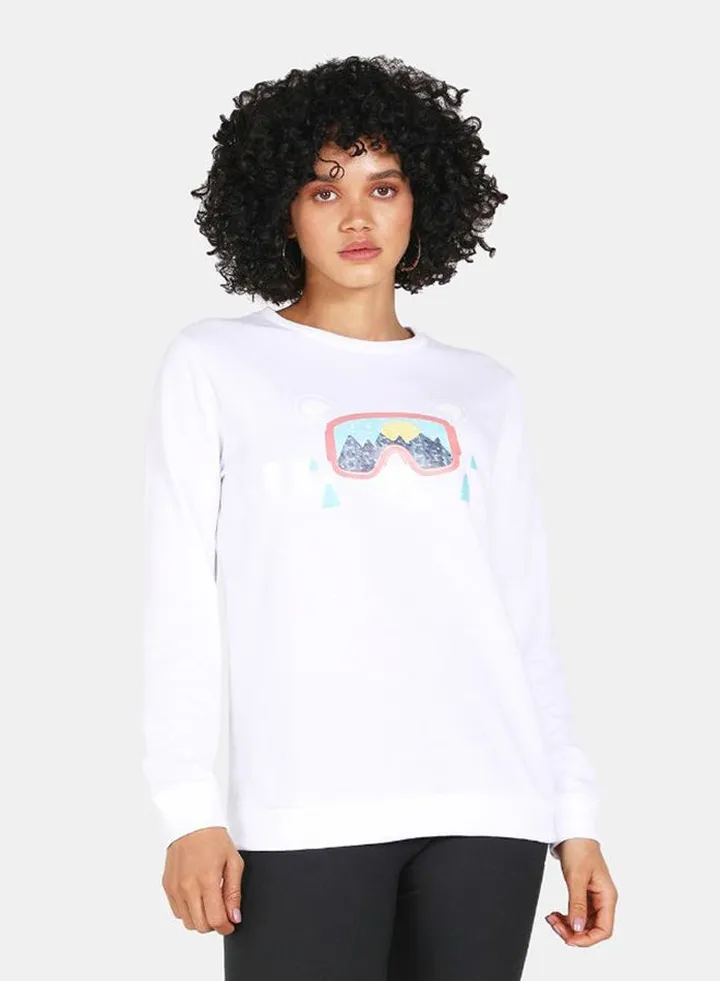 Crew Neck Casual Printed Sweatshirt White