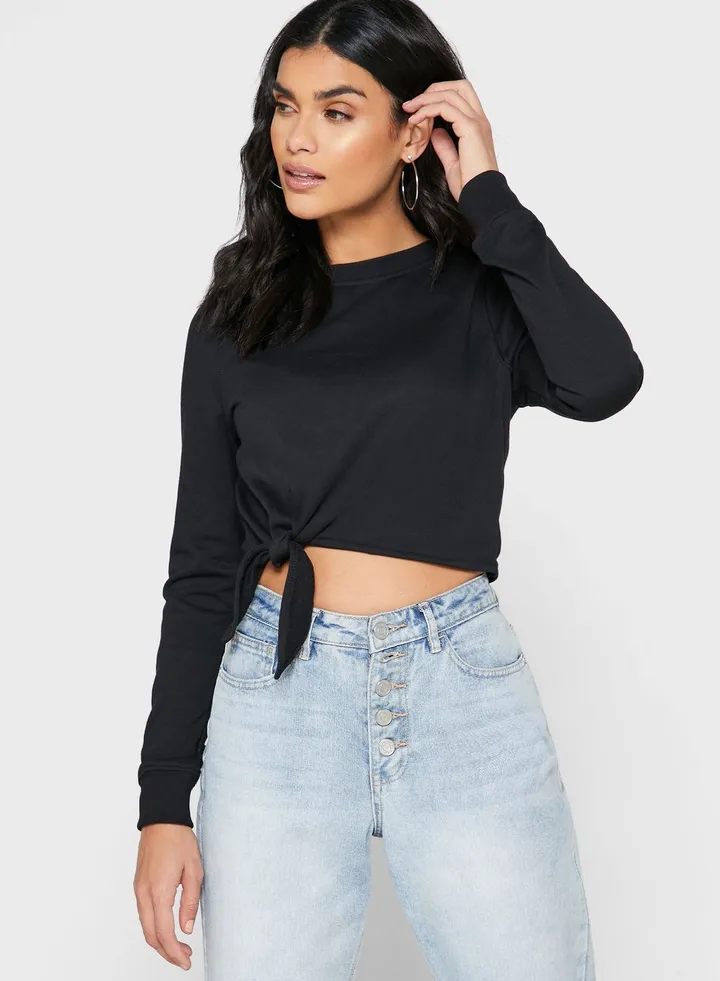 Side Tie Crop Sweatshirt Black