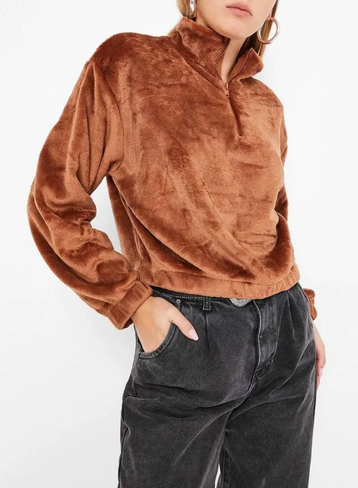 Faux Fur Cropped Sweatshirt Brown