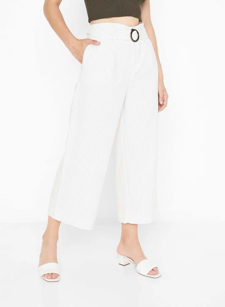 Striped Belted Culottes White