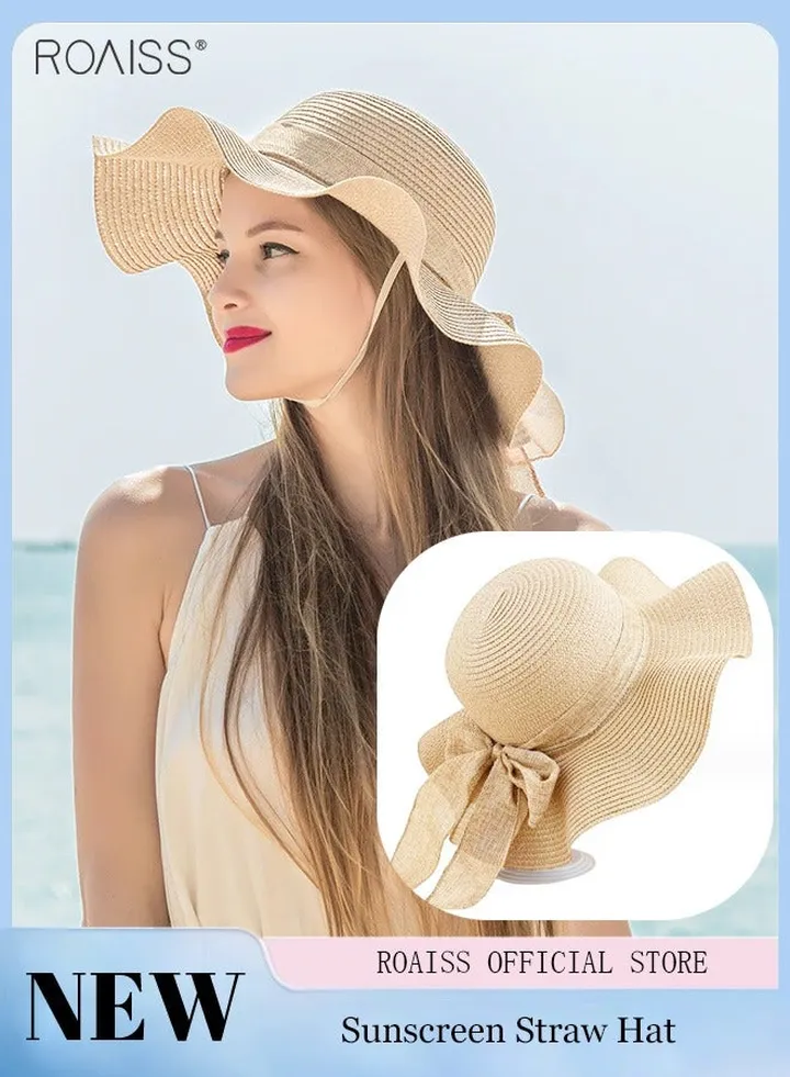 Women's Fashion Sunshade Hat Lace Hollow Woven Big Brim Beach Hat Ruffle Design Foldable Flower Woven Fisherman Hat
