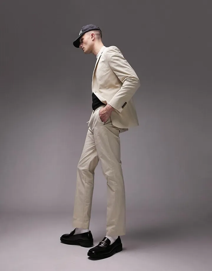Topman skinny washed cotton suit pants with elasticated waist in ecru