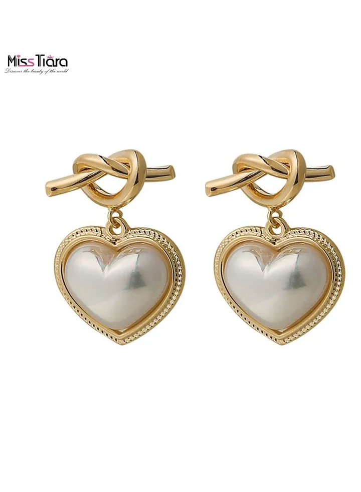 S925 silver needle Metal Knotted Heart Pearl Earrings