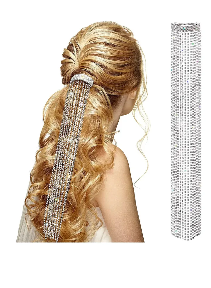 Rhinestones Long Chain Tassel Hairwear Braid Hair Shiny Hairpin for Women Girls Jewelry Ponytail Holder Chains Length 40cm