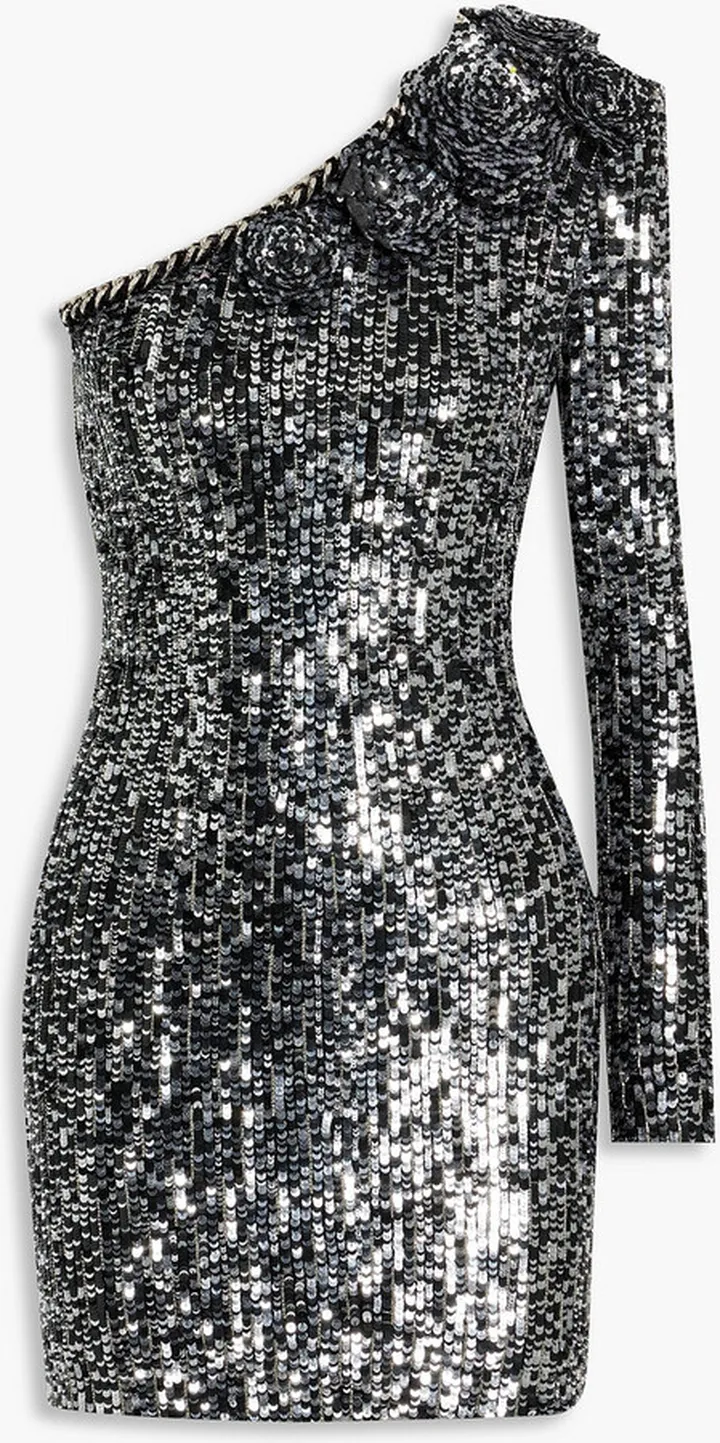 One-sleeve floral-appliquéd sequined tulle mini dress