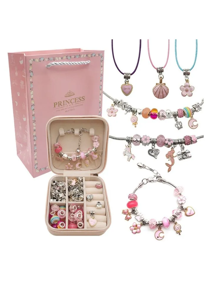 Fitto Charm Bracelet Making Kit For Girls, Diy Jewellery Making Kit with Bracelets Pendant Beads, Mermaid For Arts and Crafts Jewellery Gift For 6-12 Years Old Birthday Gift, Pink
