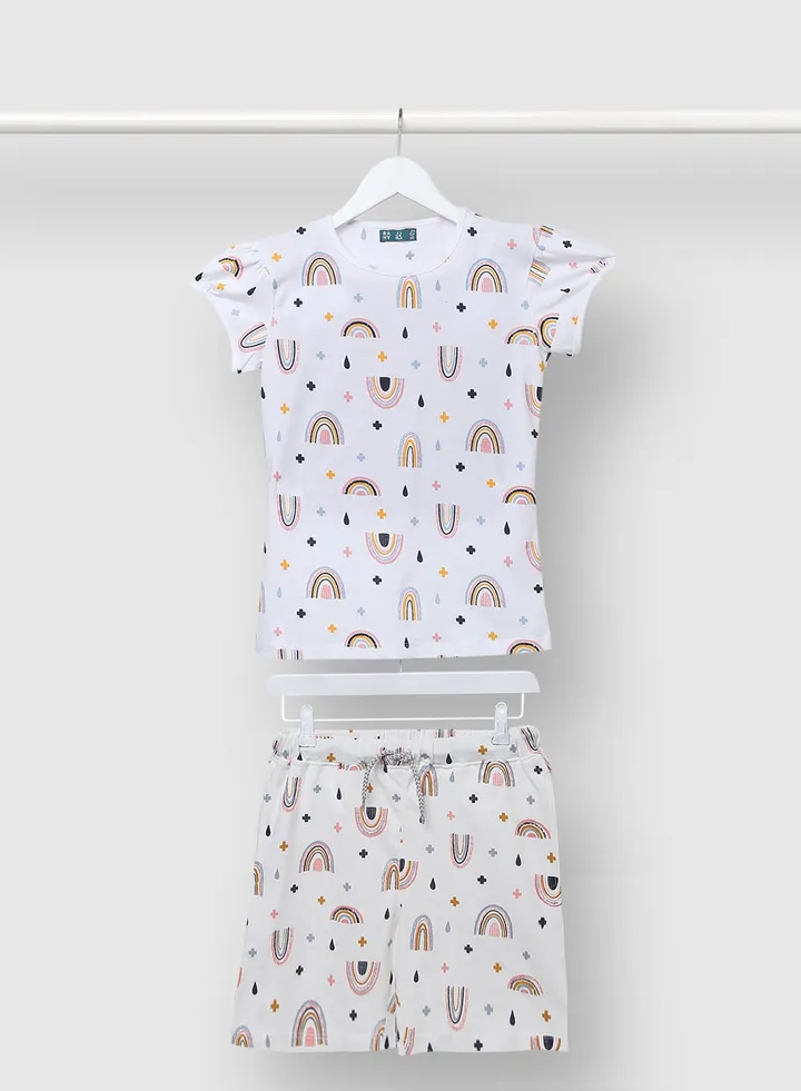 Girls Beautiful Printed Comfy Casual T-Shirt And Shorts Set White