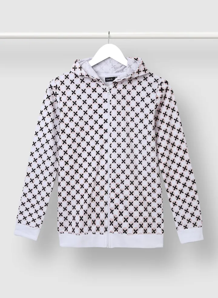 Girls All Over Printed Cotton Zipper Hoodie White/Black