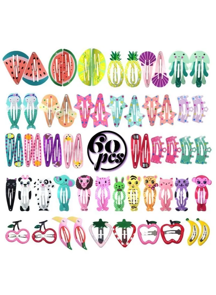 60Pcs baby girls hair clips animal pattern metal snap pins cartoon design hairpins for kids toddlers lovely accessories