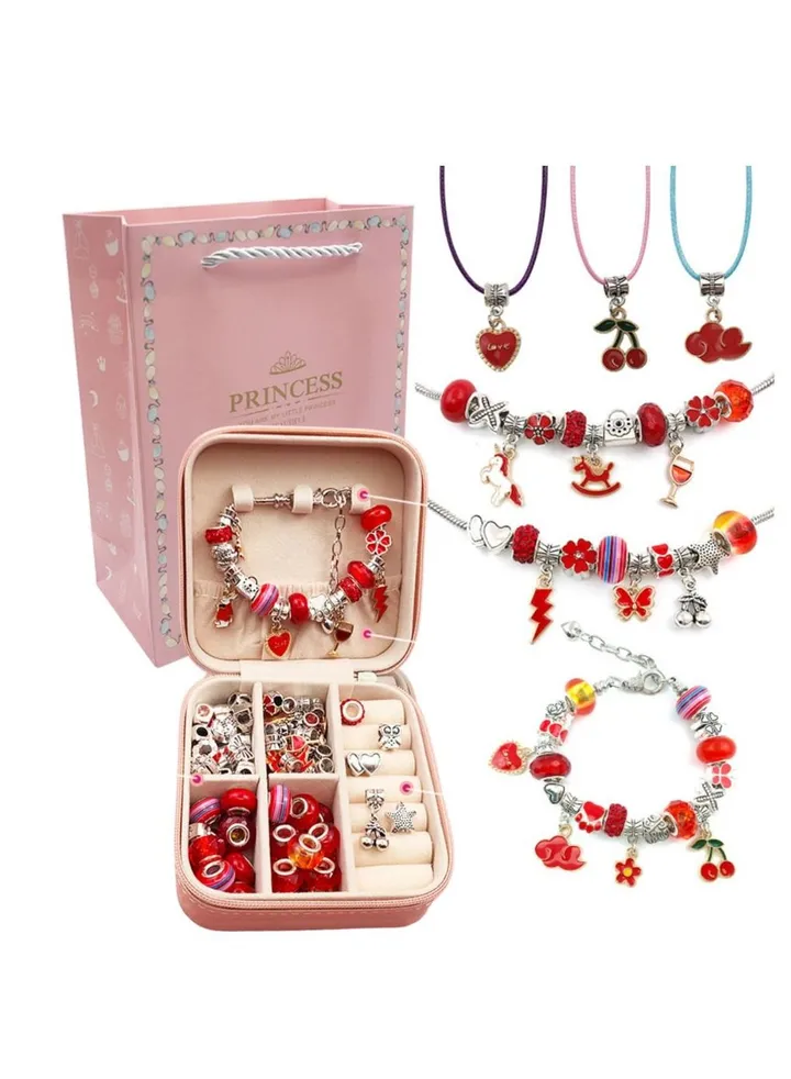 Fitto Charm Bracelet Making Kit For Girls, Diy Jewellery Making Kit with Bracelets Pendant Beads with Jewellery Box Gift For 6-12 Years Old Birthday Gift, Red