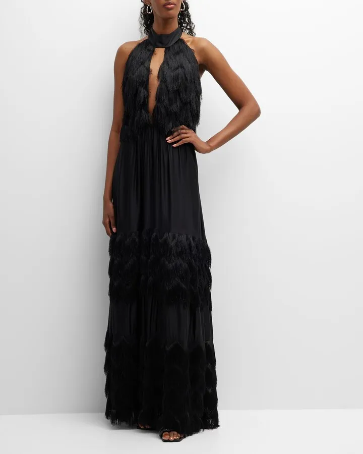Cutout Fringe Halter Gown