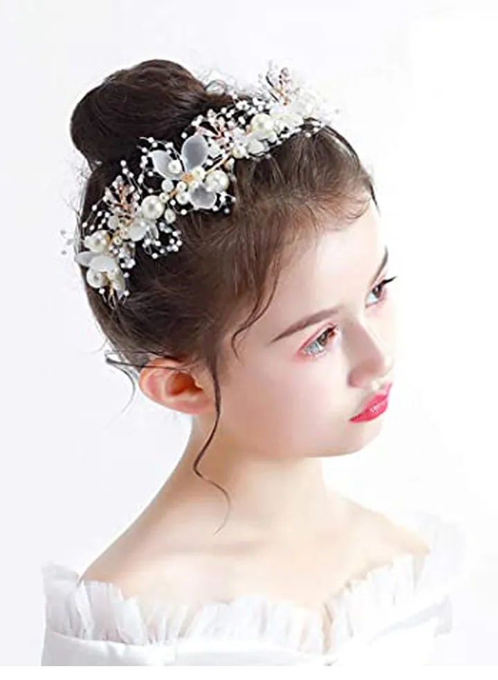 Headband Wedding Flower Girls, Rhinestone Pearl Crystal Beads Fairy Gold Vine Hair Accessories for Little Girl Princess Halo Tiara