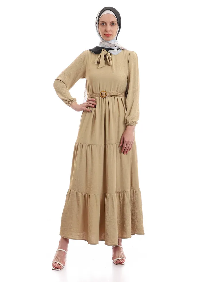 Tiered Plain Beige Dress With Removable Belt