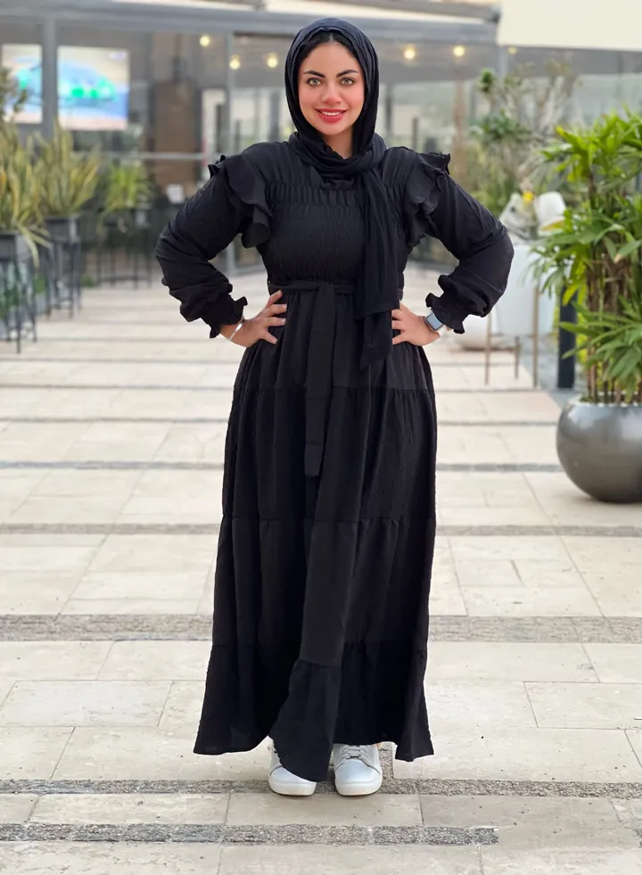 Black Gathered Cuffs & Chest Long Lined Dress