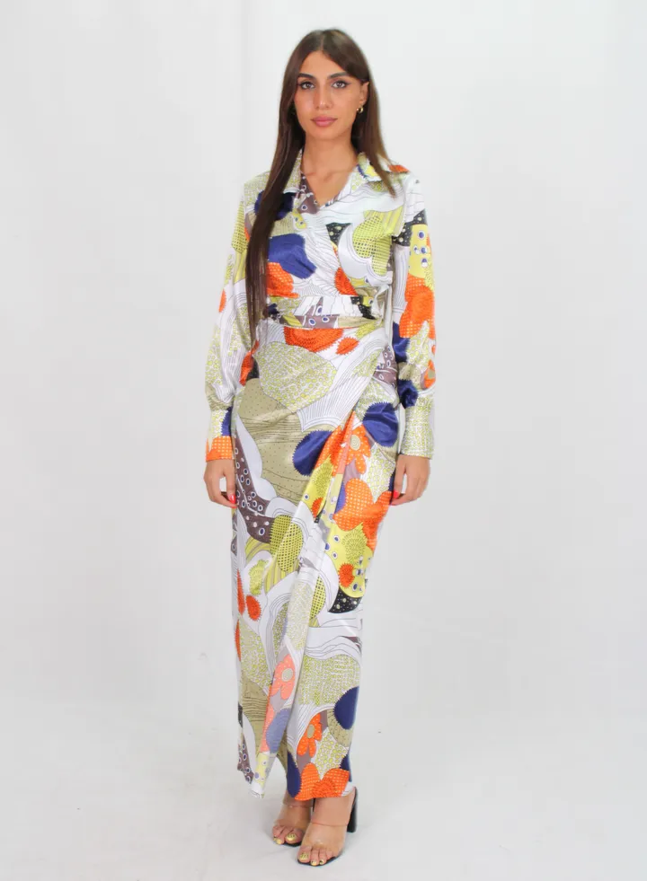 patterned long satin dress for woman
