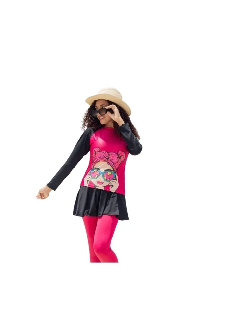 Girls swimsuit, 3 pieces: black x pink t-shirt, black pocket, and pink pants
