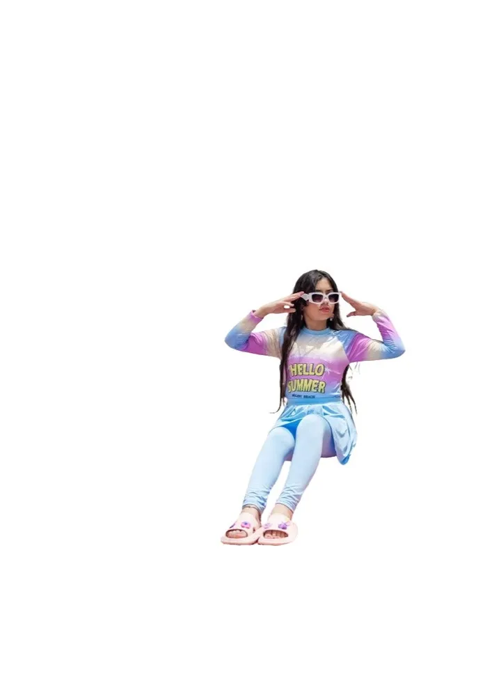 Girls swimsuit, 3 pieces, multi-colored T-shirt, sky pocket, and sky pants