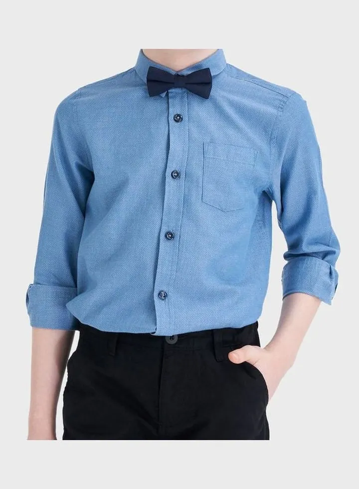 Casual Chest Pocket Shirt + Bow Tie Set Blue