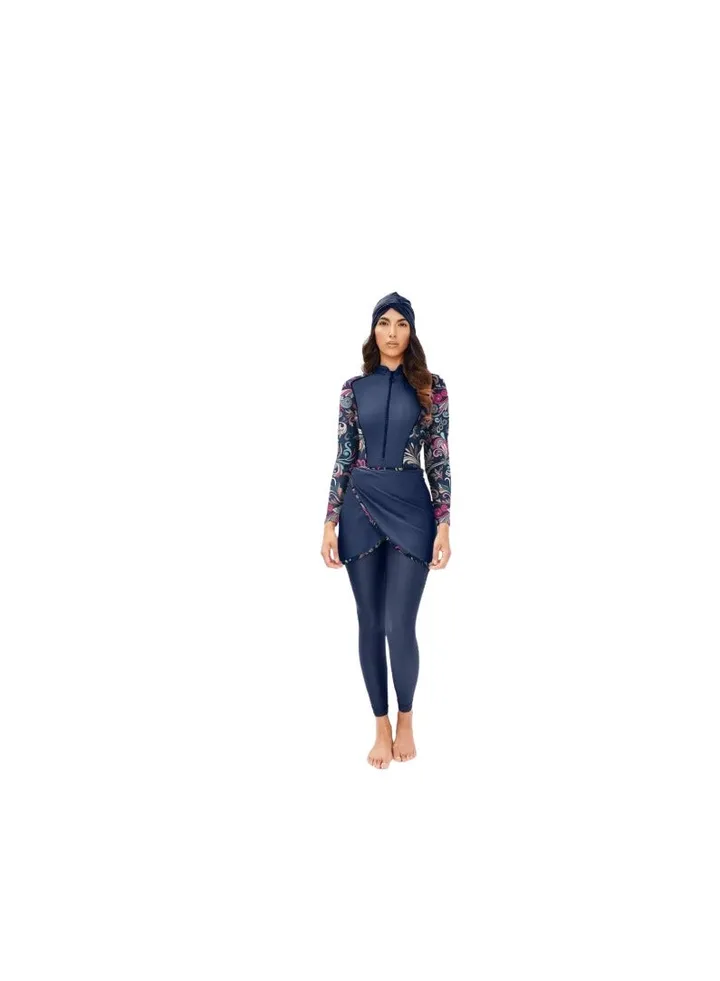 Girls' swimsuit, 3 pieces, navy blue bodysuit with wrap sleeve, navy blue trousers, and a bonnet
