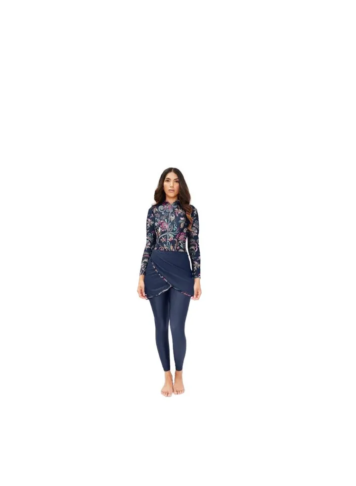 Girls' swimsuit, 3 pieces, navy blue jumpsuit with a wrap dress, navy trousers, and a bonnet