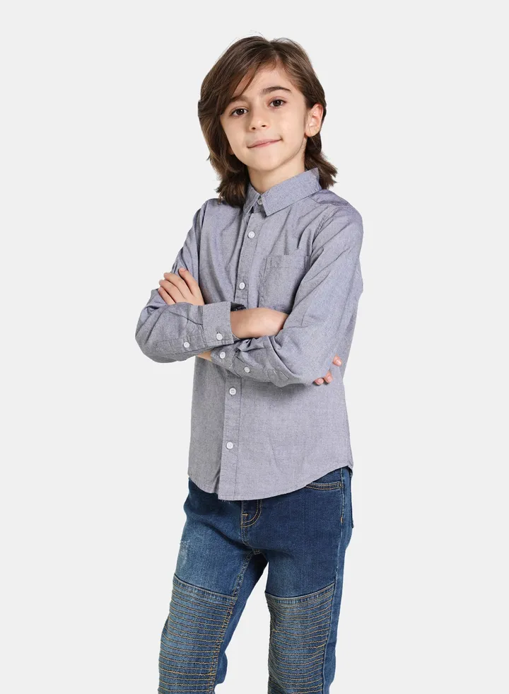 Casual Plain Long Sleeve Shirt Navy Oxford