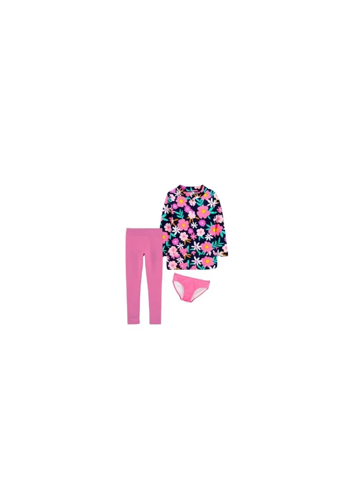 Girls' swimsuit consisting of a pink embellished T-shirt and pink pants.