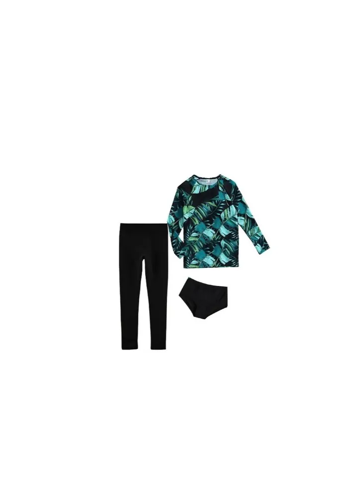 Girls' swimsuit consisting of a green embellished T-shirt and black pants