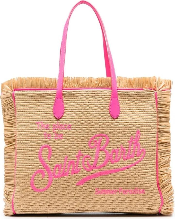 Vanity logo-embroidered fringed beach bag