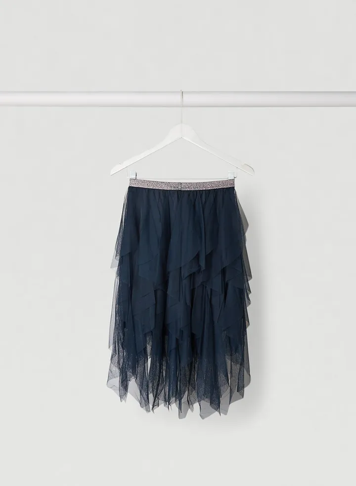 Shiny Elastic Waistband Flared Midi Skirts Dark Sapphire