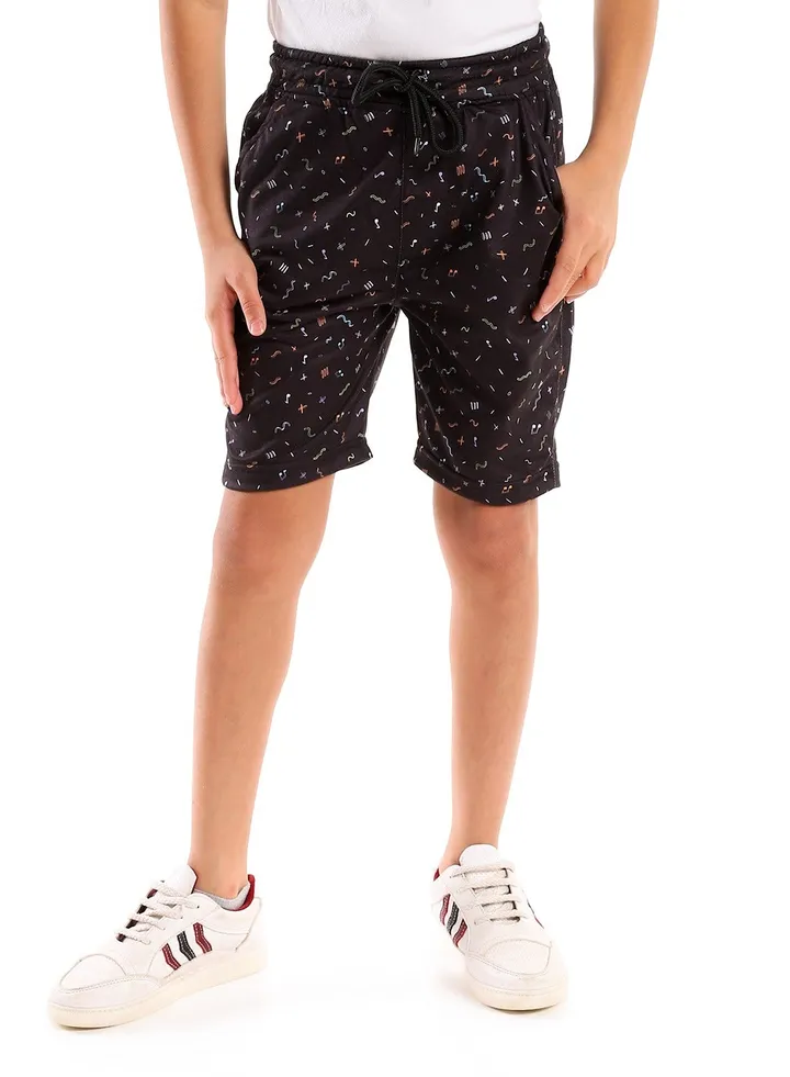Patterned Elastic Waist Cotton Short - Black