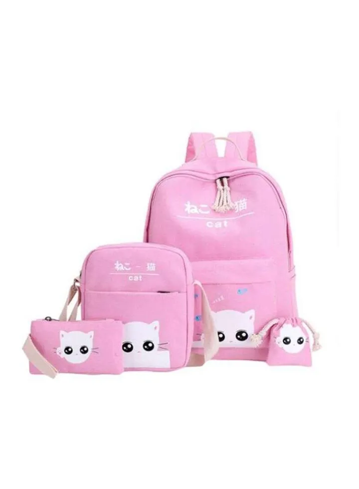 4-Piece Printed School Backpack Set Pink/White
