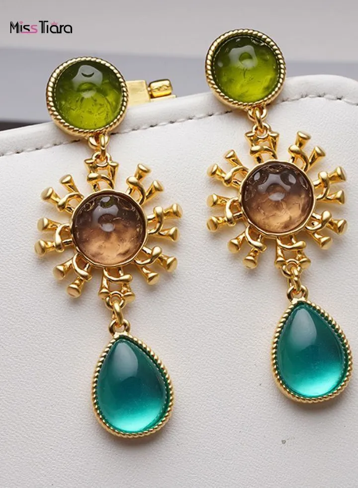 Long vintage gemstone sunflower Dangle earrings