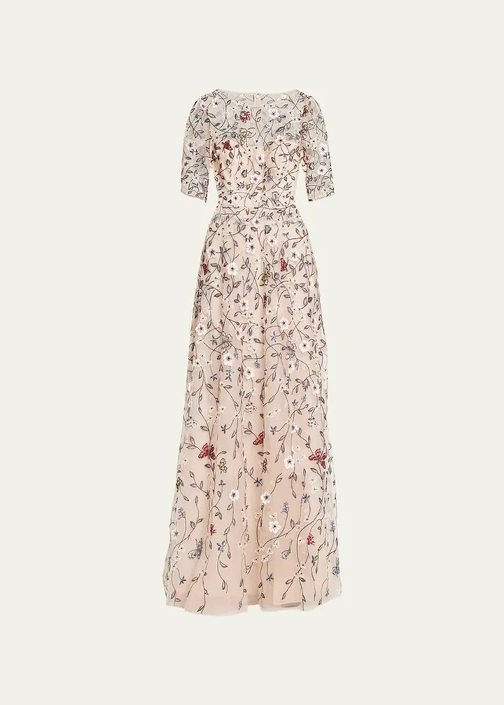 Floral Vine Embroidered Tulle Illusion Gown