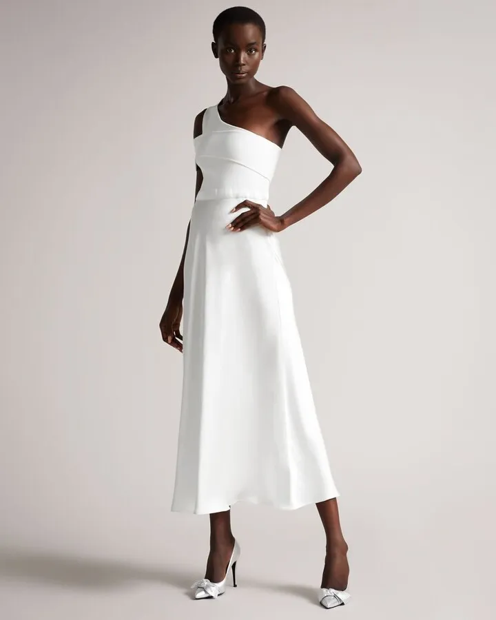 Asymmetric Knit Bodice Dress With Satin Skirt in White