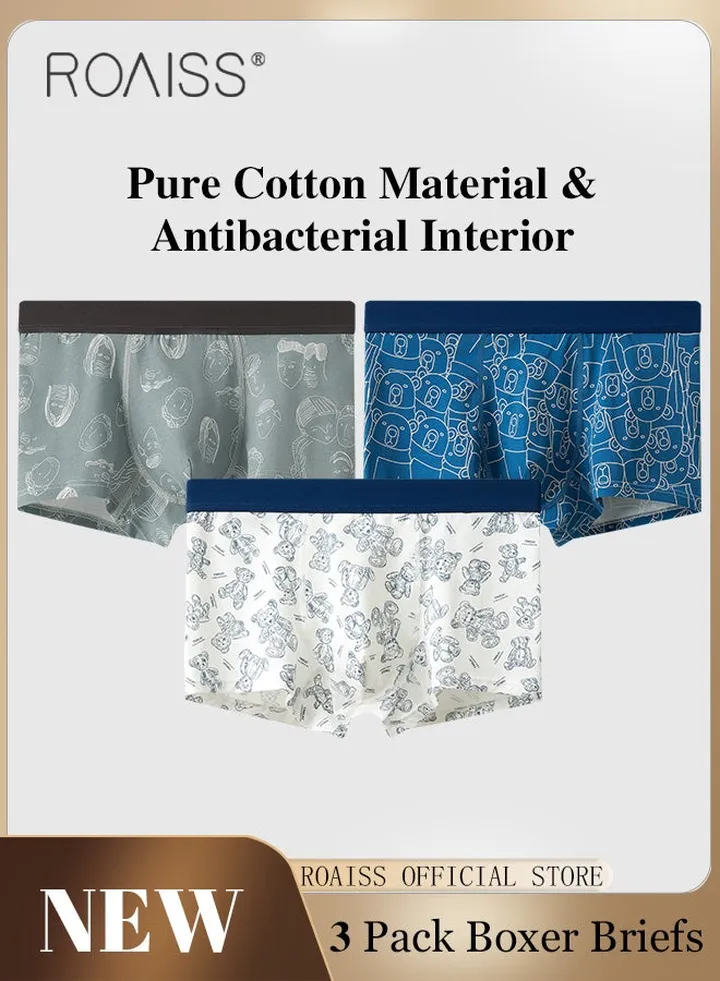 3 Pack Boxer Briefs for Men Youth Boxer Mid Waist Pure Cotton Underwear Cotton Antibacterial Crotch Men's Shorts