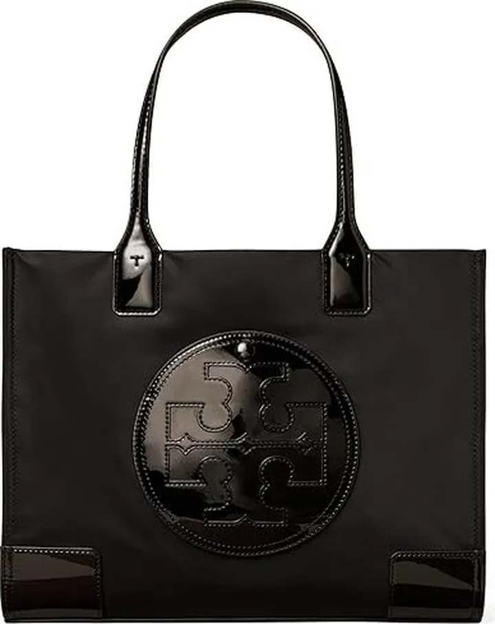 Tory Burch Ella Patent Small Tote (Black) Handbags