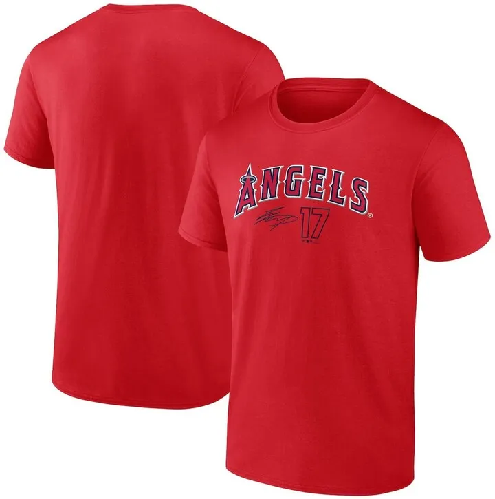 Men's Fanatics Branded Shohei Ohtani Red Los Angeles Angels Player Name and Number T-shirt