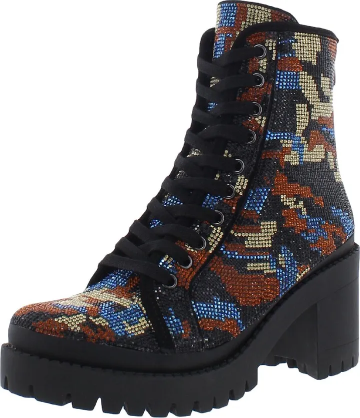 Pass Womens Rhinestone Platform Combat & Lace-up Boots