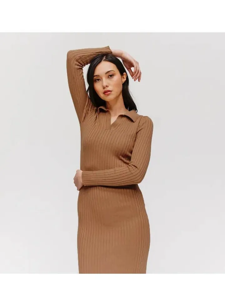 Ribbed Polo Dress Camel