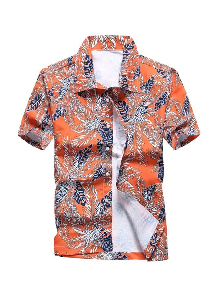 Leaves Printed Short Sleeves Shirt Orange/White/Blue