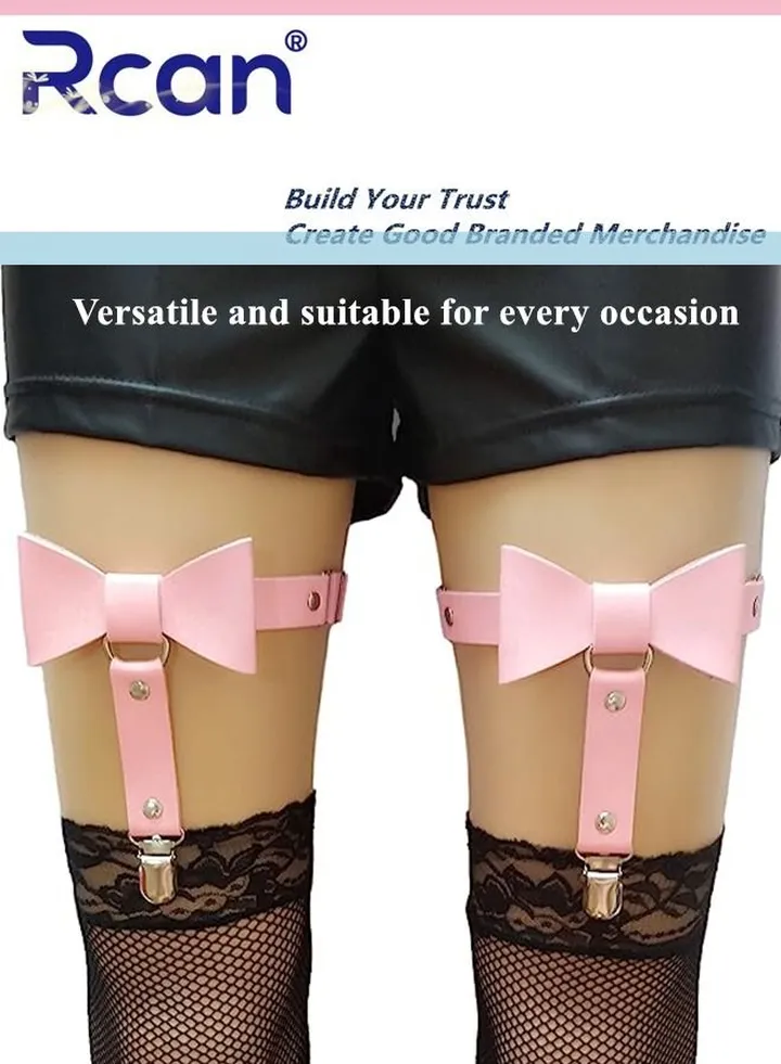 2 Pack Leather Garter Non-slip Adjustable Fashion Leg Accessories Bow Metal Hollow Leg Rings for Girls and Women