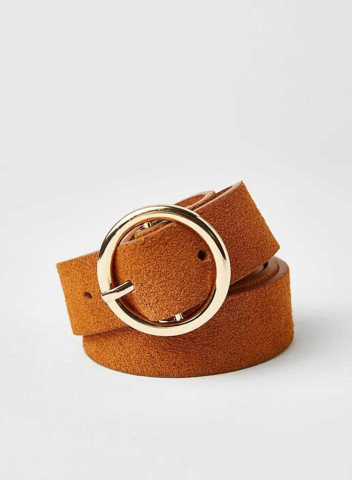 O-Ring Buckle Suede Belt Cognac