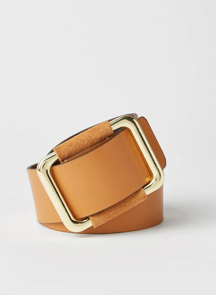 Square Buckle Leather Belt Cognac