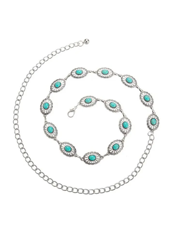 Concho Turquoise Chain Belt, Adjustable Western Metal Waist Chain Belt, Cute Women's Western Country Belt for Jeans or Dresses