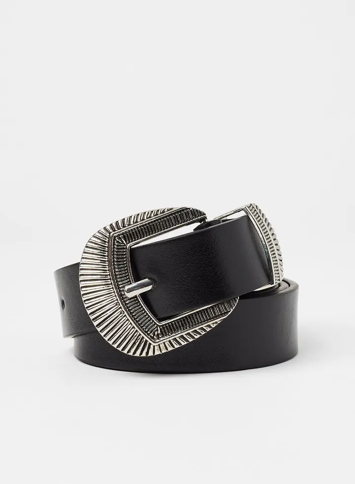 Textured Buckle Faux Leather Belt Black